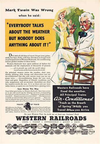 DESIGNER UNKNOWN. MARK TWAIN WAS WRONG / WESTERN RAILROADS. 1935. 23x16 inches, 58x40 cm.